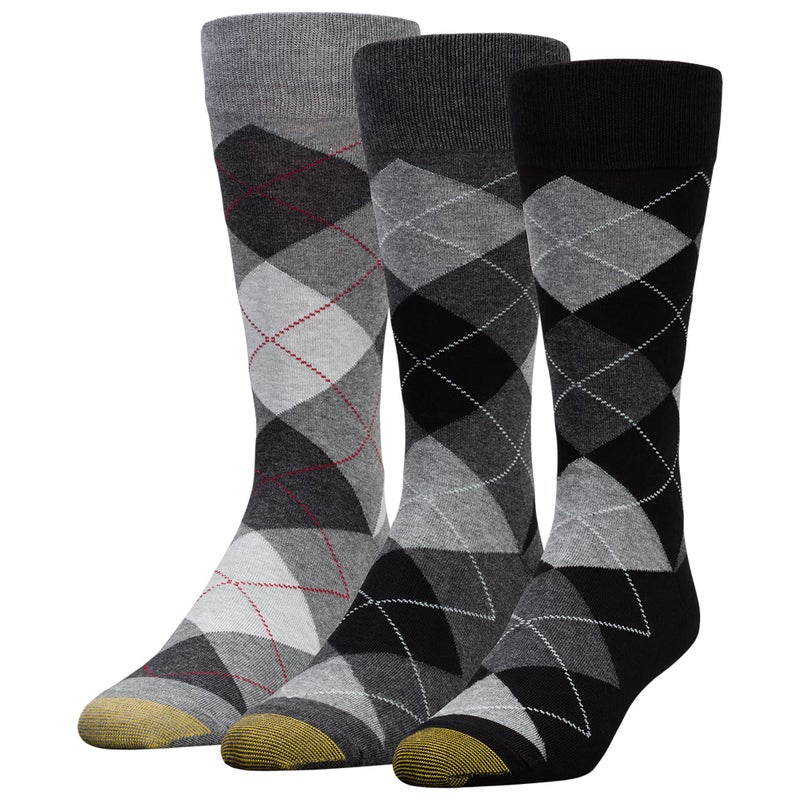 GOLDTOE Men's Carlyle Argyle Crew Dress Socks, 3-Pairs, Black Grey Argyle, Large - Image 1